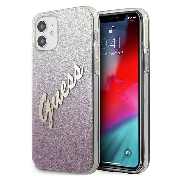 Guess GUHCP12SPCUGLSPI iPhone 12 mini 5,4" rosa/pink hårda fodral Glitter Gradient Script