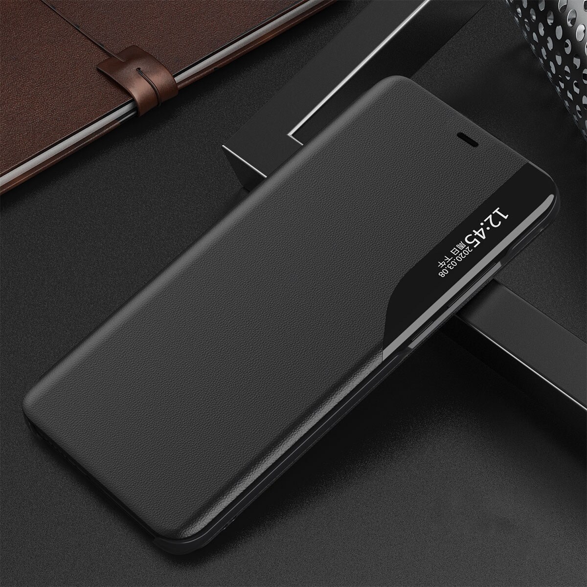 Eco Leather View Case elegant bogreol-etui med kickstand til iPhone 13 Pro Max sort