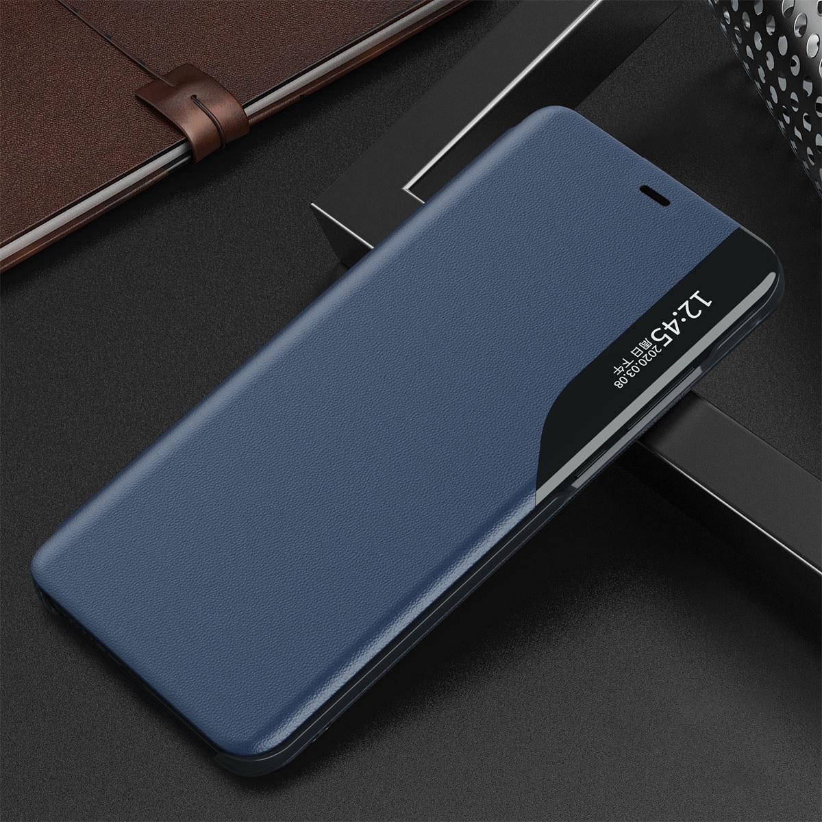 Eco Leather View Case elegant bokhylla typ fodral med kickstand för iPhone 13 Pro Max blå
