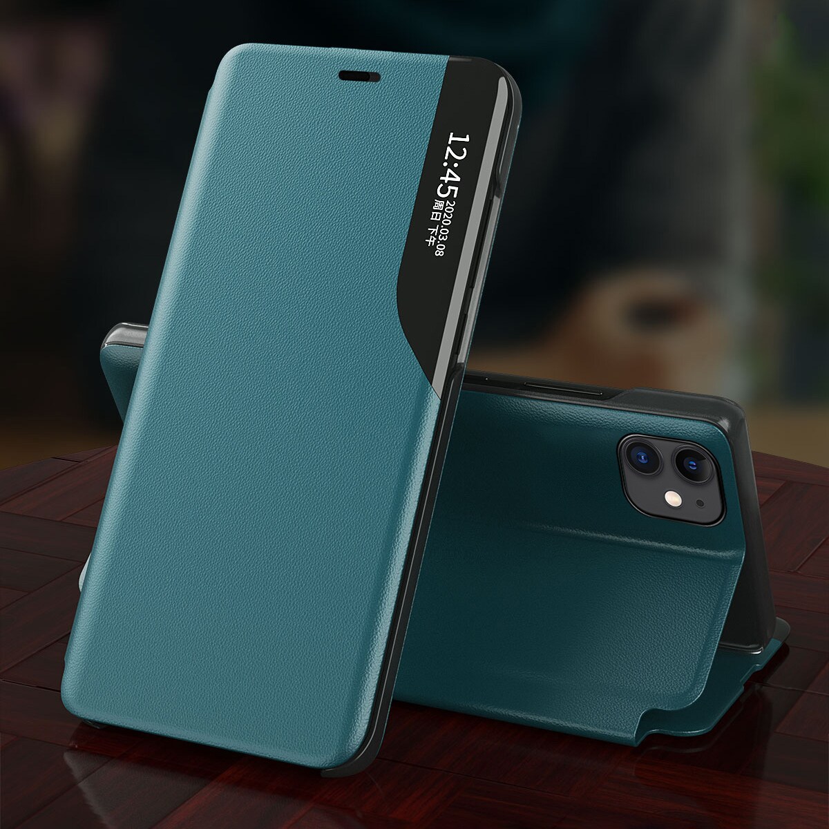 Eco Leather View Case elegant bokhylla typ fodral med kickstand för iPhone 13 Pro Max blå