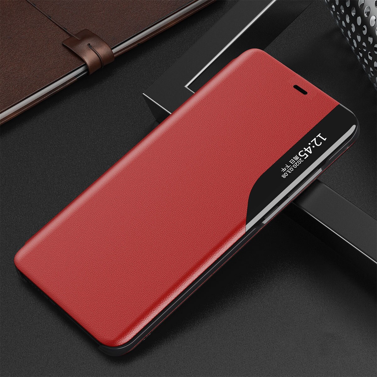 Eco Leather View Case elegant bokhylletyp fodral med kickstand för iPhone 13 Pro Max röd