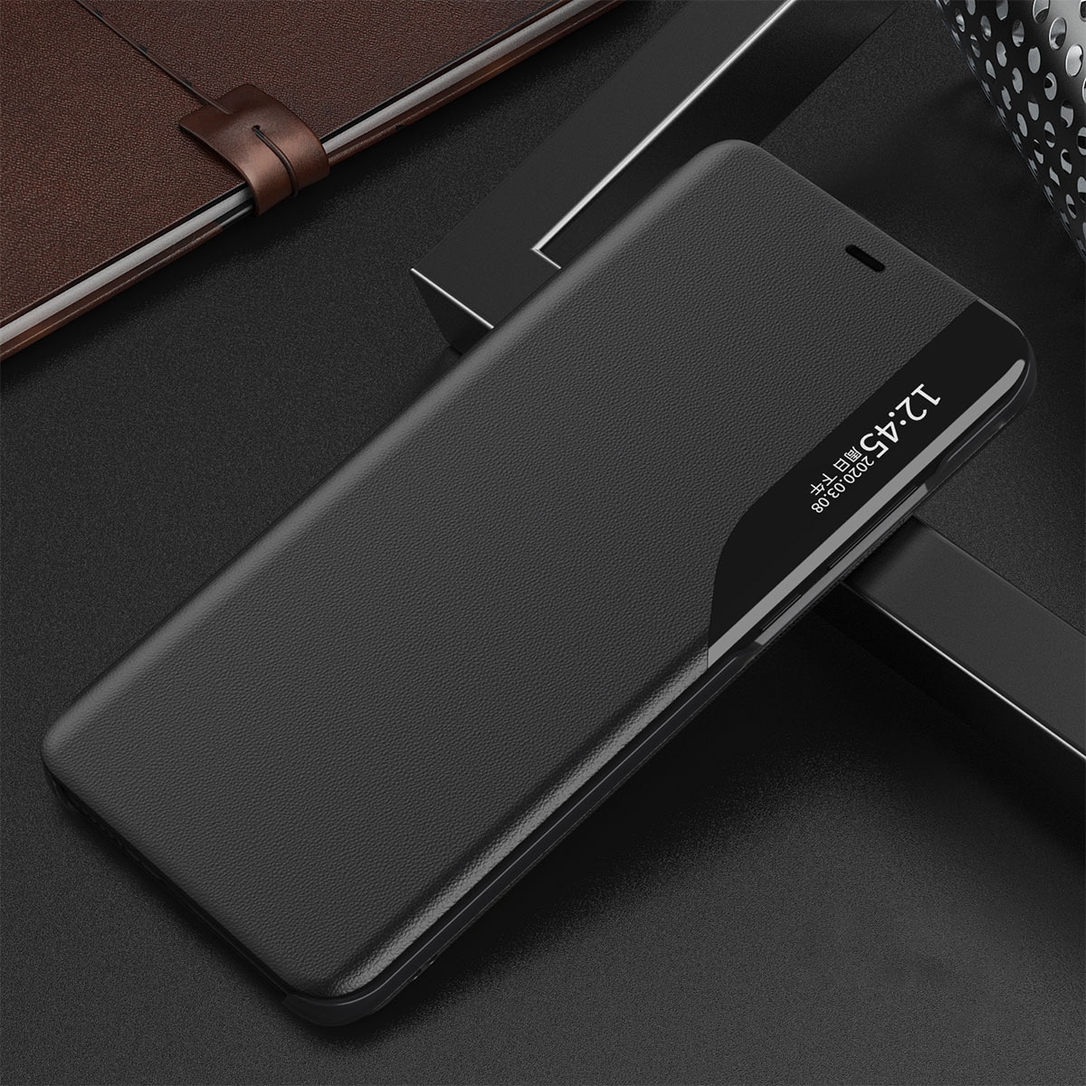 Eco Leather View Case elegant bokhylletyp fodral med kickstand för iPhone 13 Pro svart