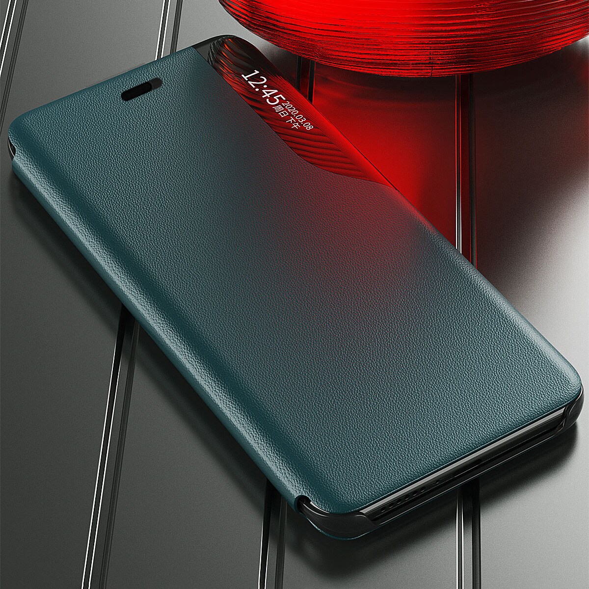 Eco Leather View Case elegant bokhylletui med kickstand för iPhone 13 Pro röd