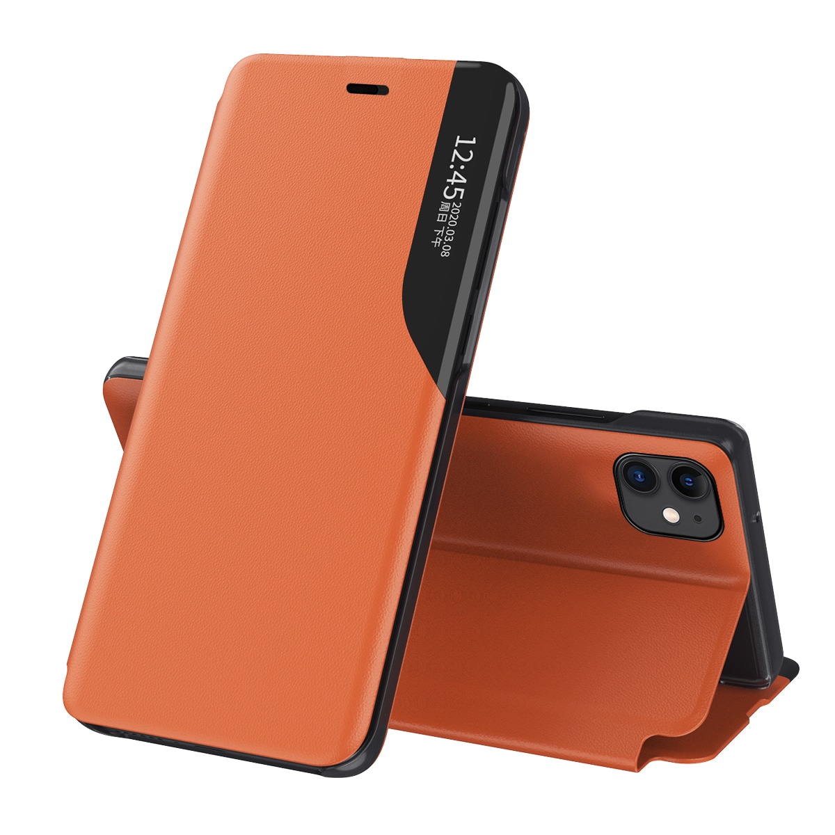 Eco Leather View Case elegant bokhylletyp fodral med kickstand för iPhone 13 mini orange