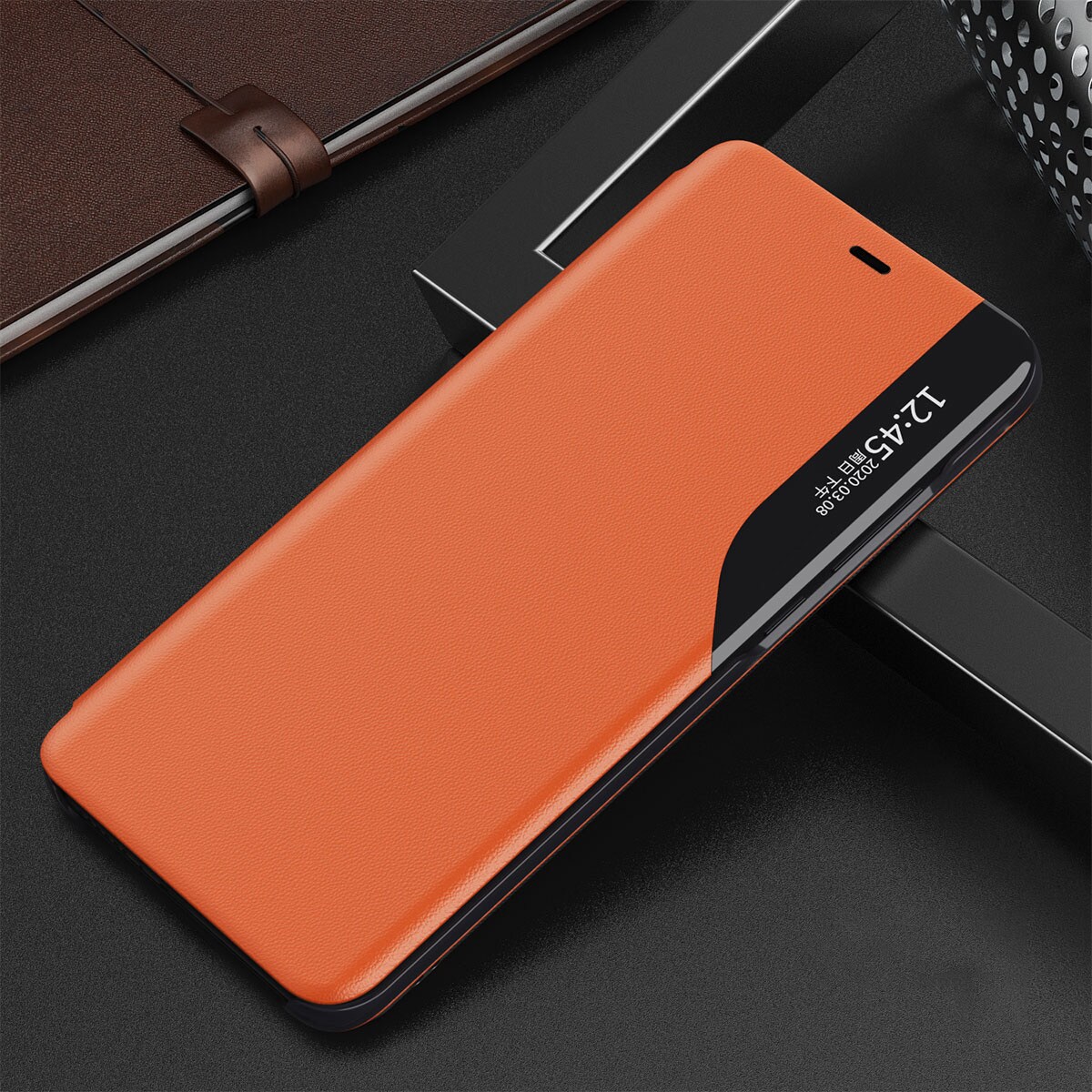 Eco Leather View Case elegant bogreol-etui med kickstand til iPhone 13 mini orange