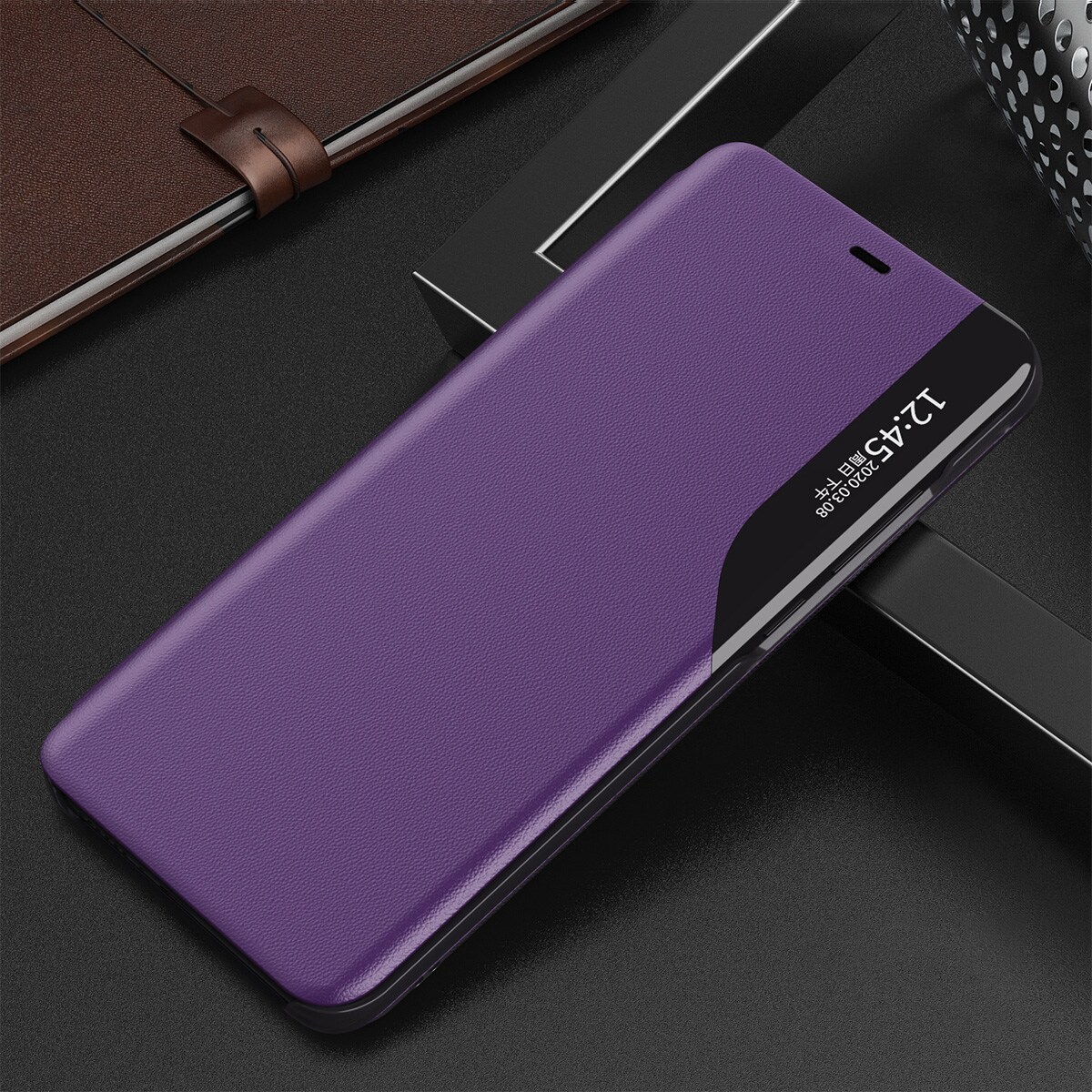 Eco Leather View Case elegant bokhylletyp fodral med kickstand för iPhone 13 mini lila