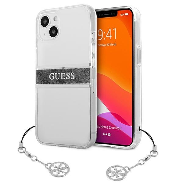 Guess GUHCP13SKB4GGR iPhone 13 mini 5,4" Transparent hård väska 4G Grå rem Charm