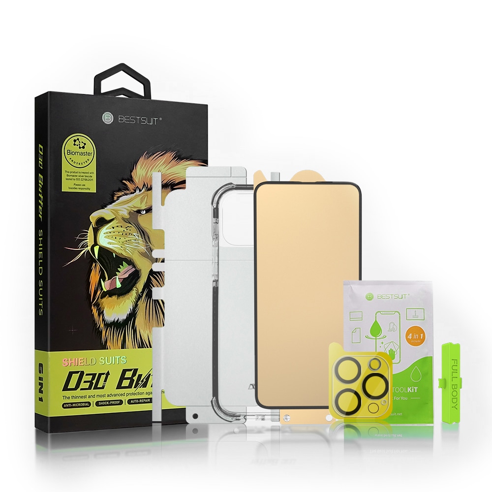 Bestsuit 6i1 iPhone 11 Pro Max set: fodral, flexi glas, baksida, kameraglas, trasor, applikator