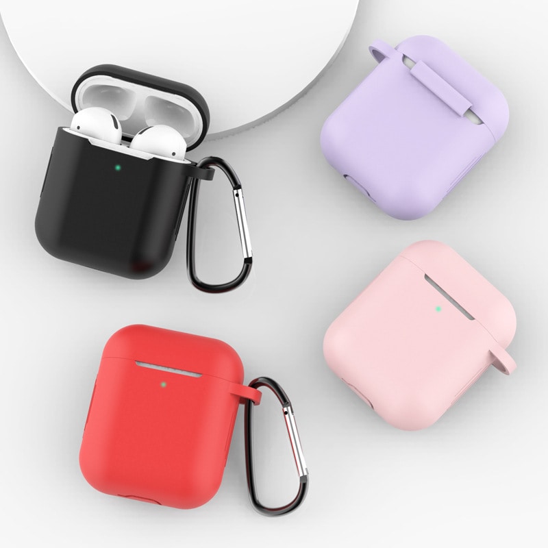 Fodral för AirPods 2/1 i mjukt silikon med nyckelring och karbinhake, rosa (fodral D)