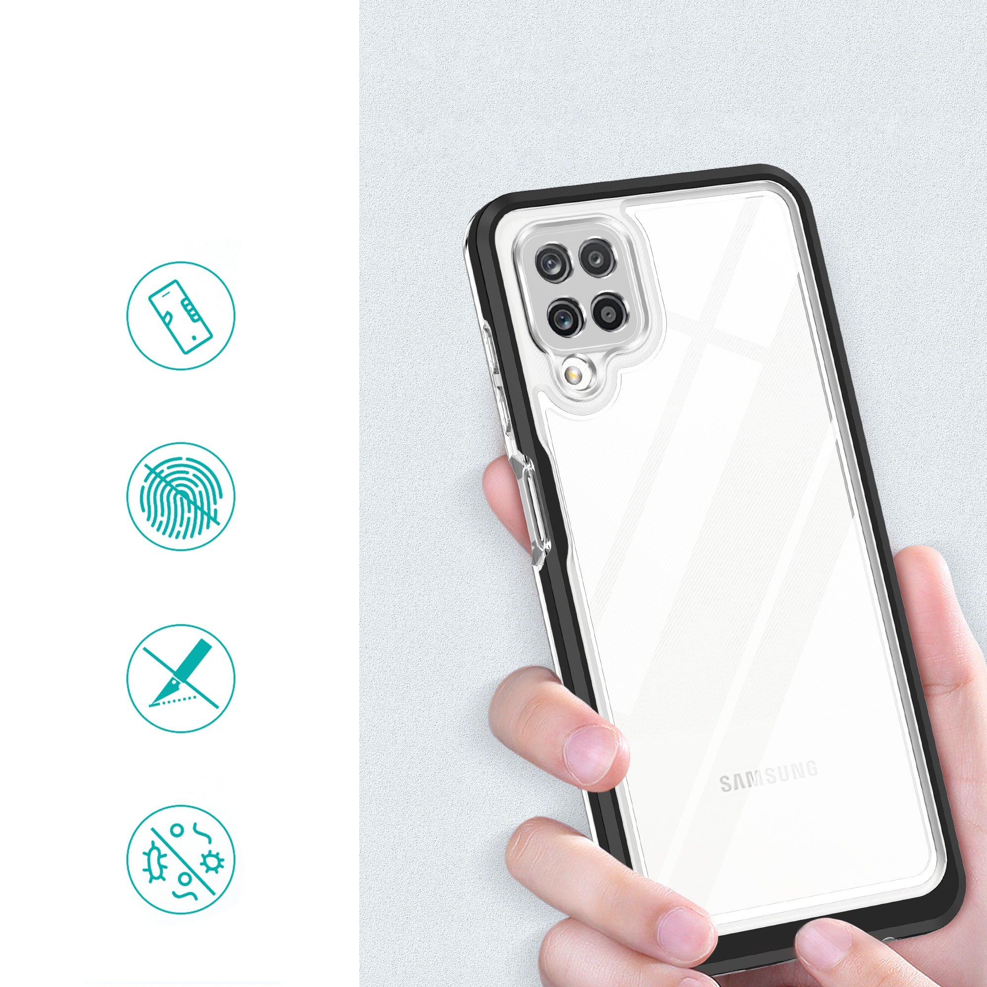 Klart 3-i-1-etui til Samsung Galaxy A22 4G Frame Gel Cover Sort