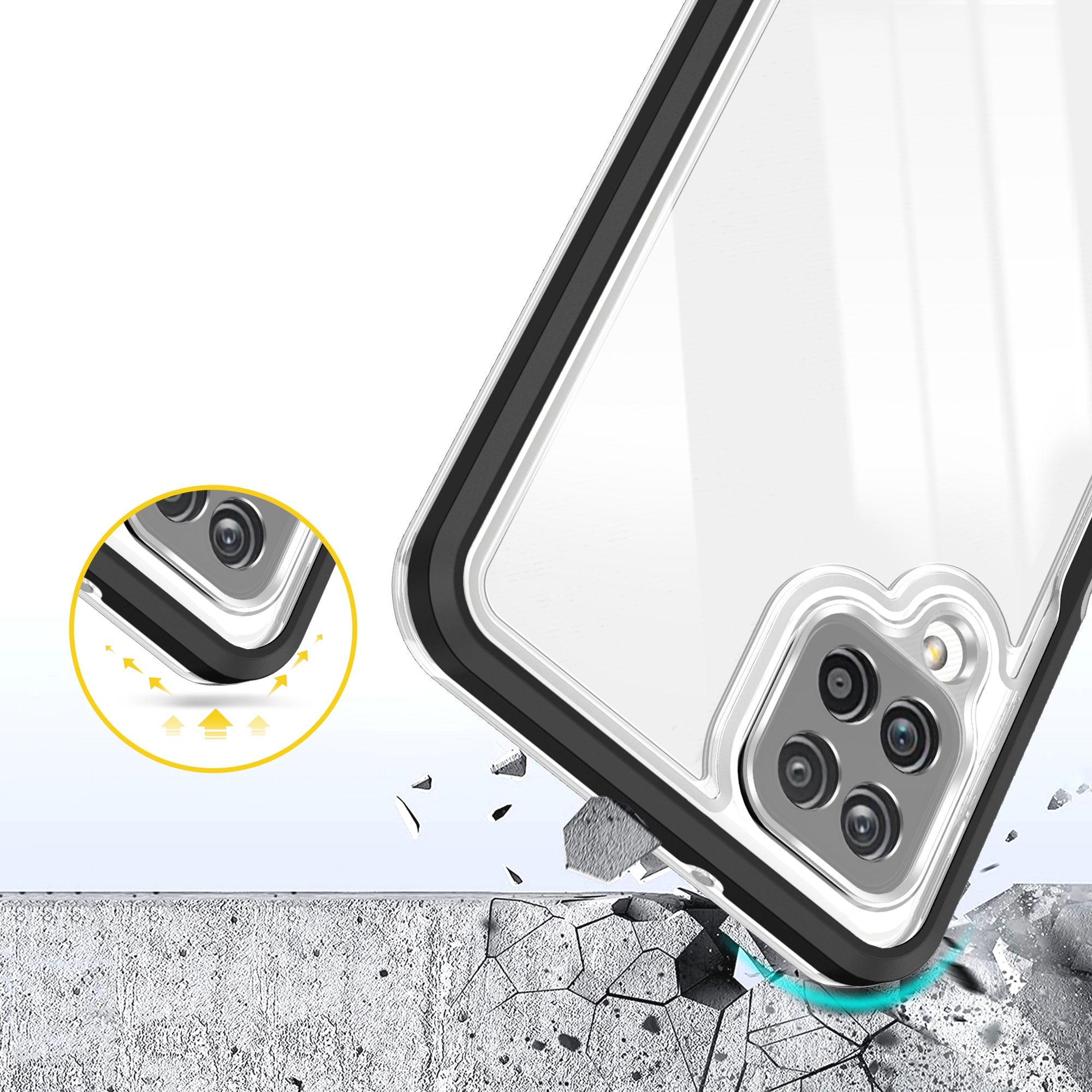 Klart 3-i-1-etui til Samsung Galaxy A22 4G Frame Gel Cover Sort