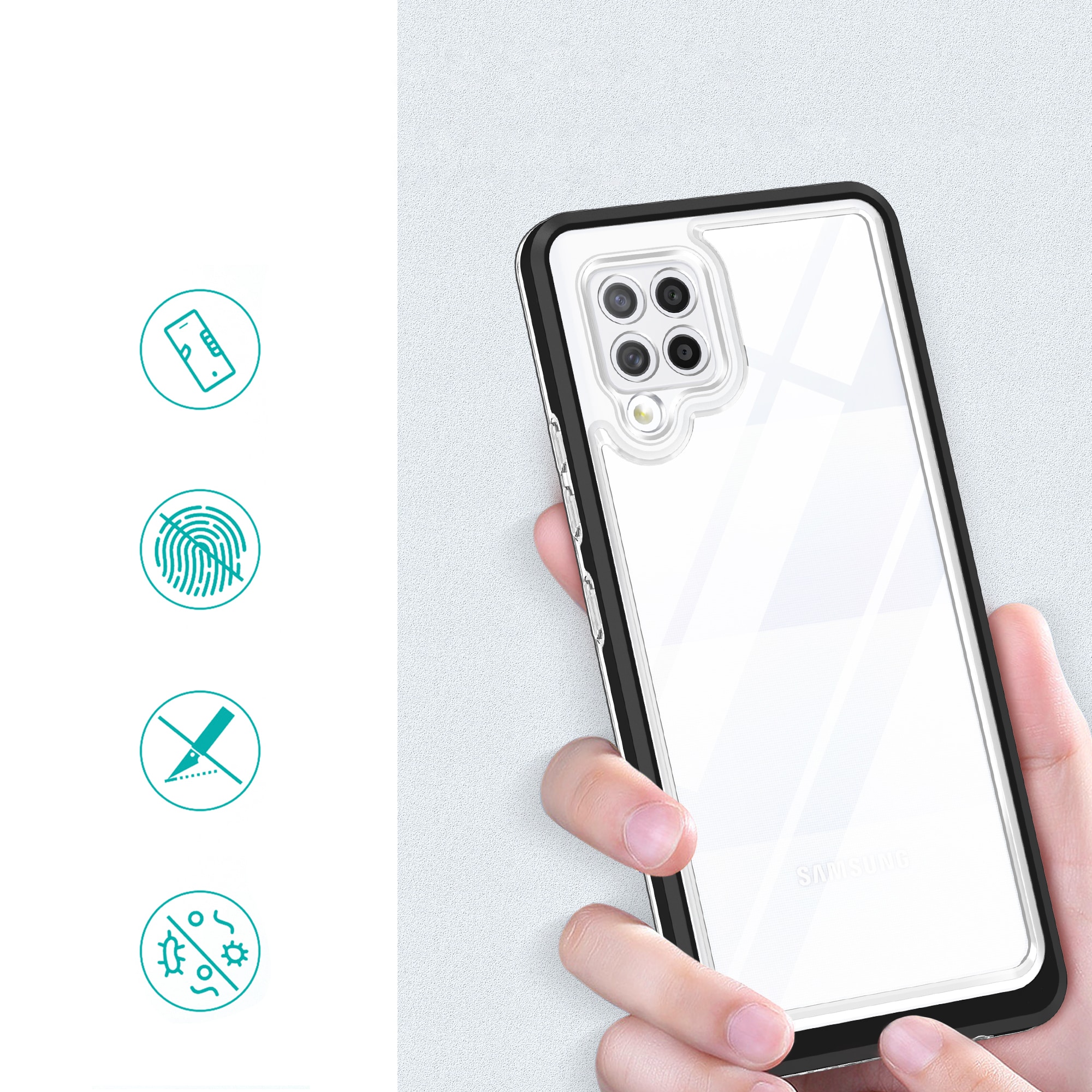 Klart 3-i-1-etui til Samsung Galaxy A42 5G Frame Gel Cover Sort