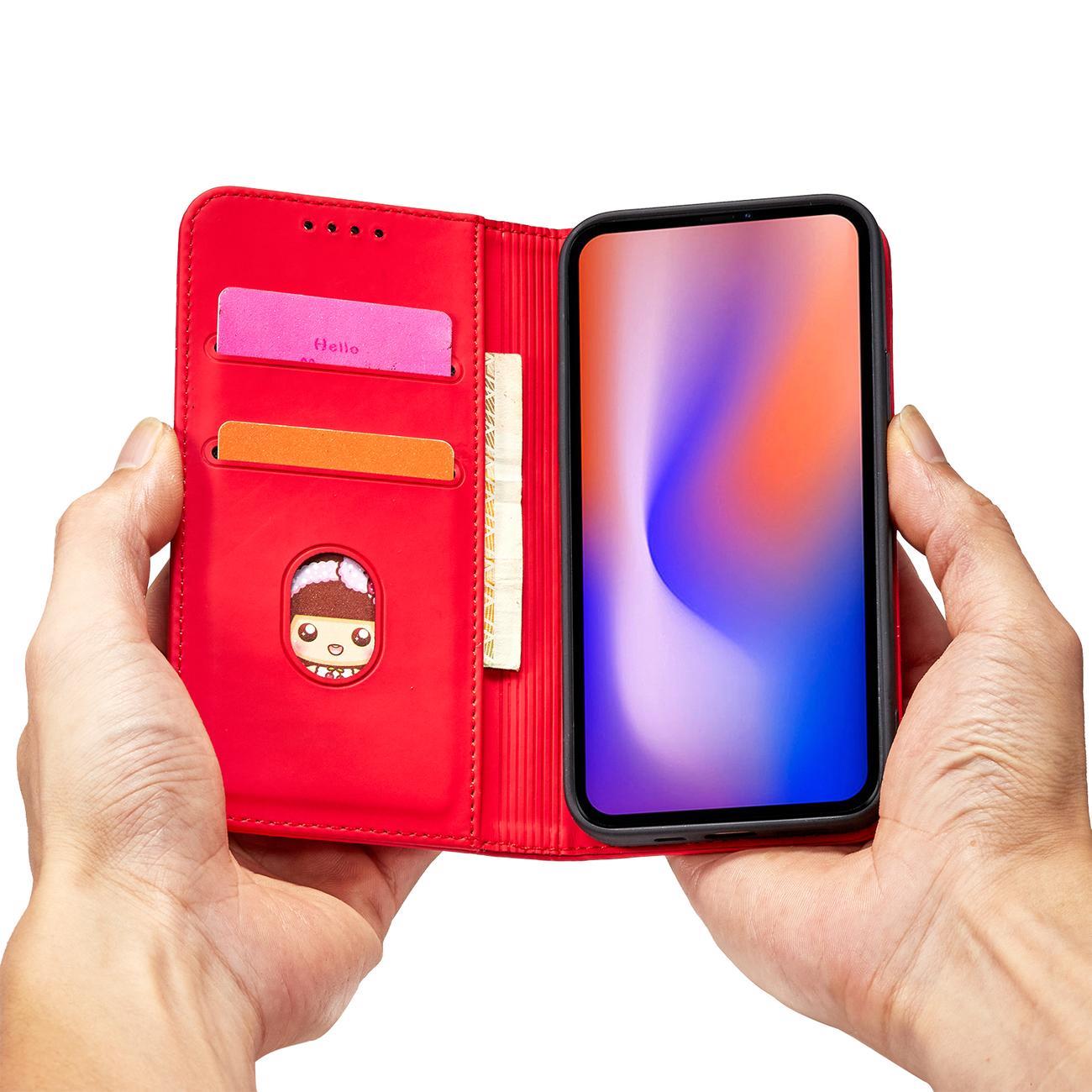 Magnet Kortfodral för iPhone 12 Pro Pouch Kort Plånbok Korthållare Röd