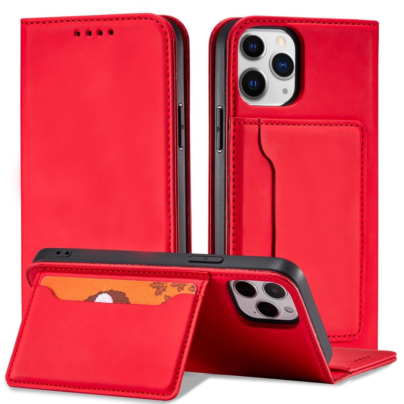 Magnet Kortfodral för iPhone 12 Pro Pouch Kort Plånbok Korthållare Röd