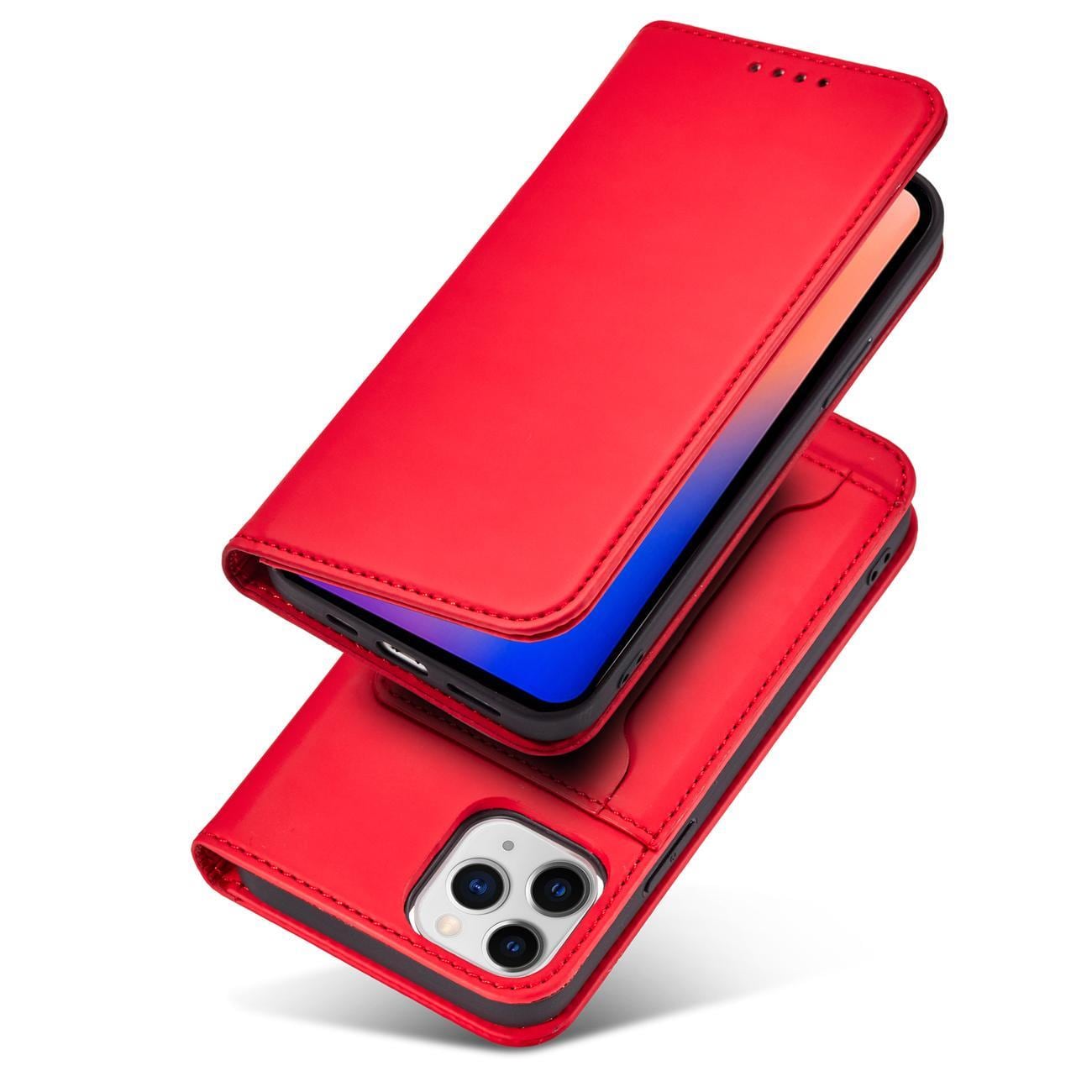 Magnet Kortfodral för iPhone 12 Pro Pouch Kort Plånbok Korthållare Röd