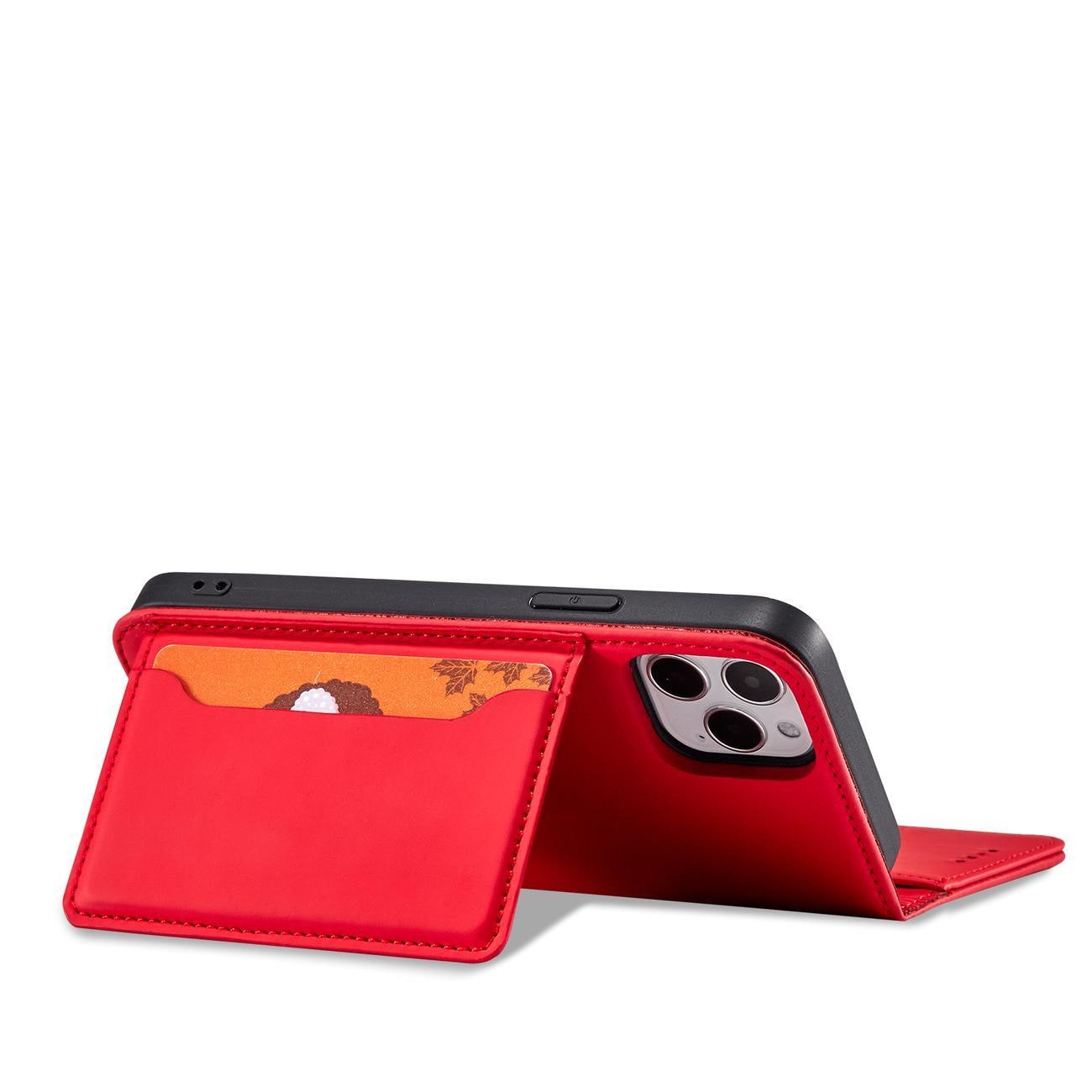 Magnet Kortfodral för iPhone 12 Pro Pouch Kort Plånbok Korthållare Röd