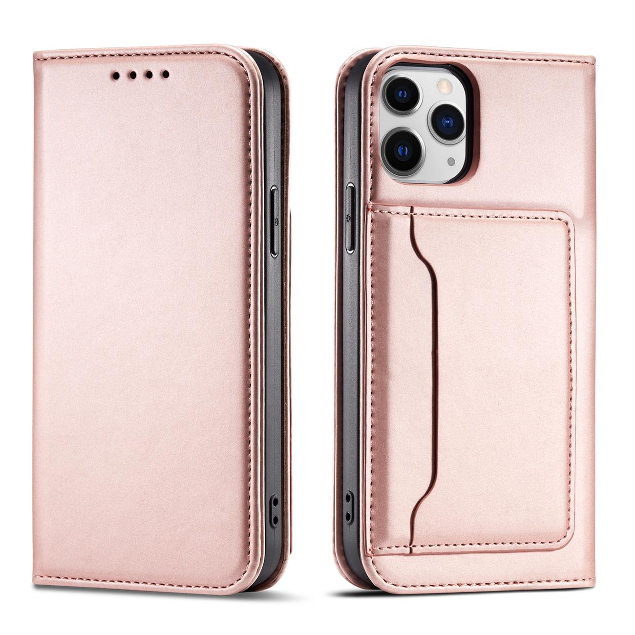 Magnet Kortfodral för iPhone 12 Pro Max Pouch Kort Plånbok Korthållare Rosa