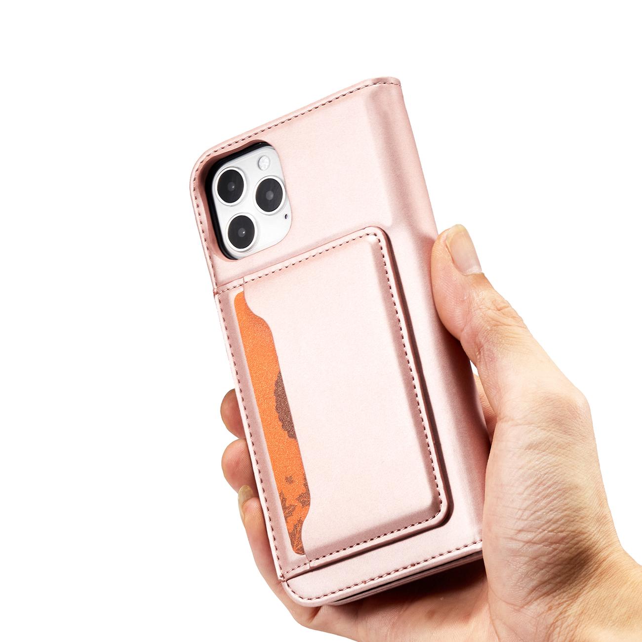 Magnet Kortfodral för iPhone 12 Pro Max Pouch Kort Plånbok Korthållare Rosa