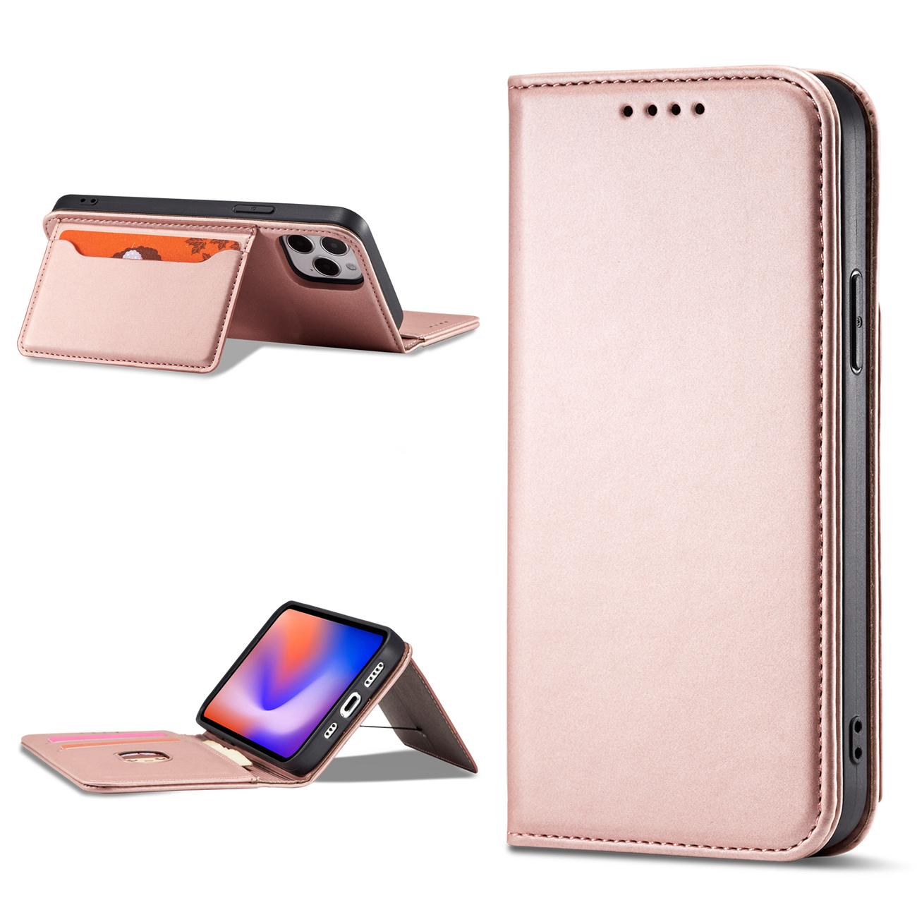 Magnet Kortfodral för iPhone 12 Pro Max Pouch Kort Plånbok Korthållare Rosa