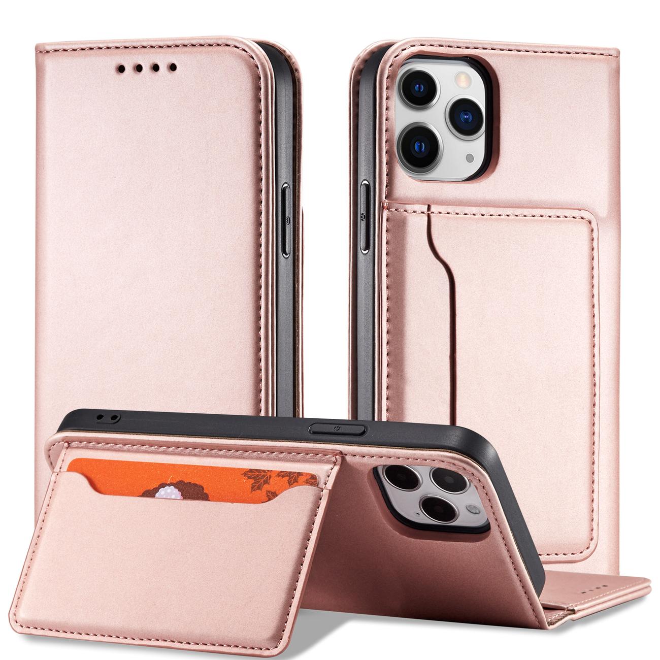 Magnet Kortfodral för iPhone 12 Pro Max Pouch Kort Plånbok Korthållare Rosa