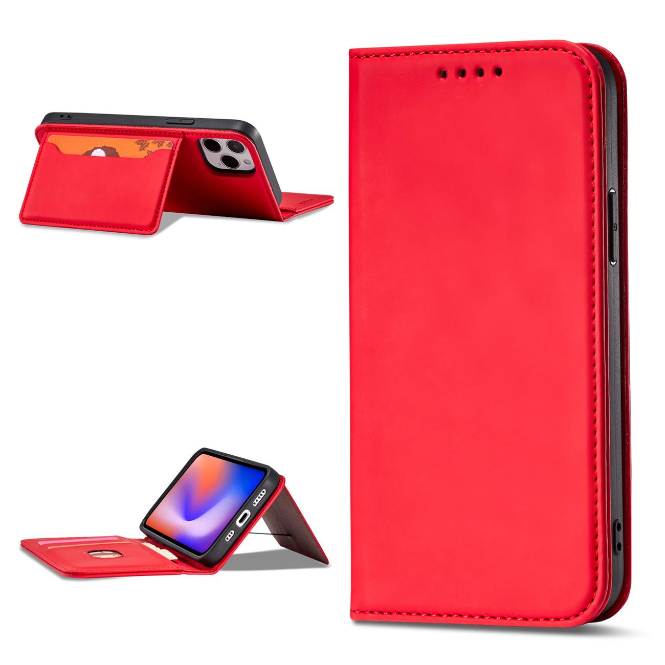 Magnet Kortfodral för iPhone 12 Pro Max Pouch Kort Plånbok Korthållare Röd