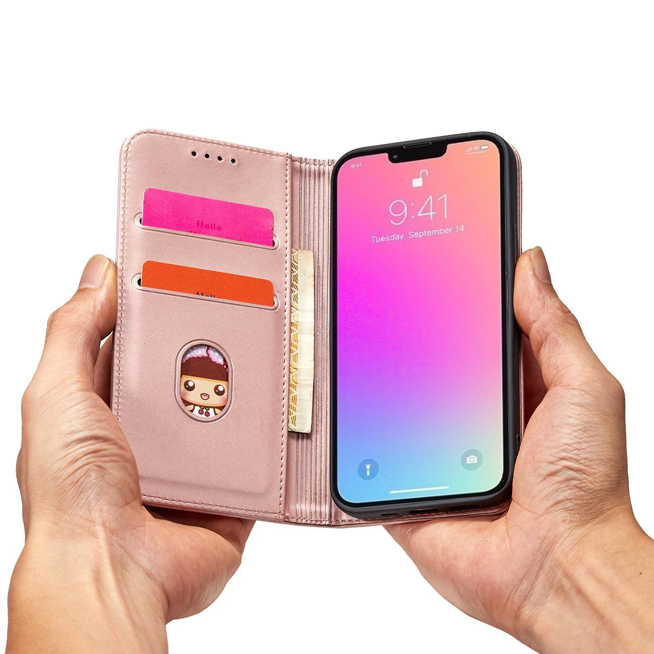 Magnet Kortfodral för iPhone 13 Pro Max Pouch Kort Plånbok Korthållare Rosa