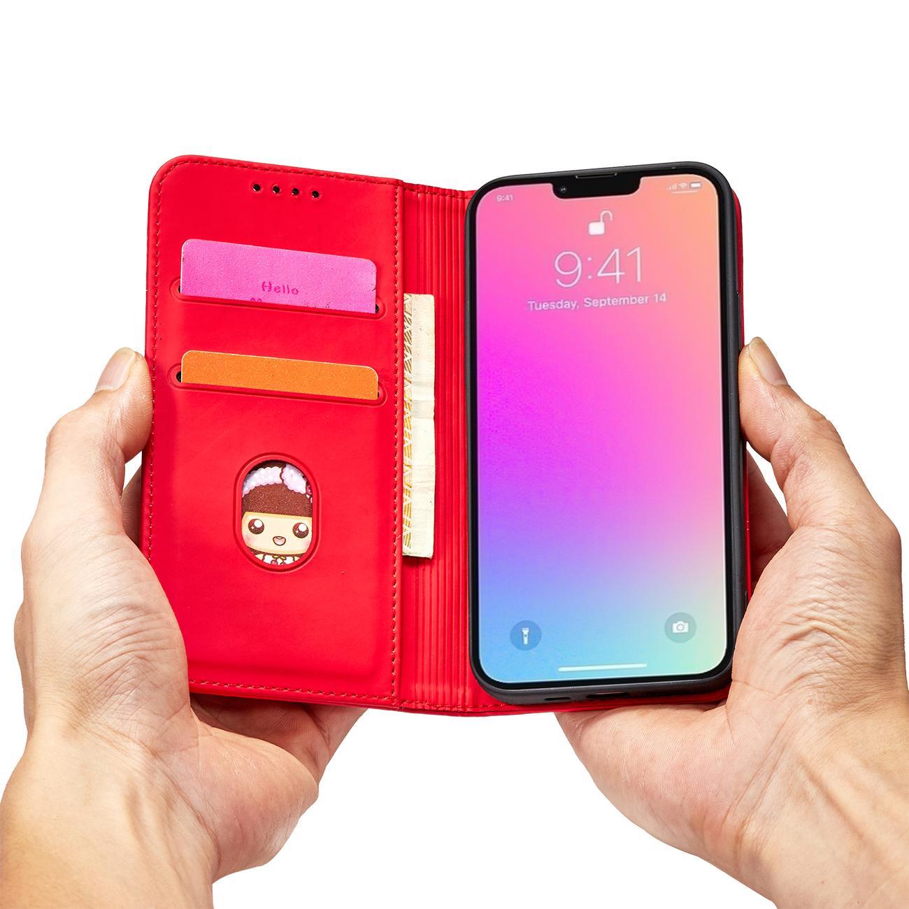 Magnet Kortfodral för iPhone 13 Pro Max Pouch Kort Plånbok Korthållare Röd