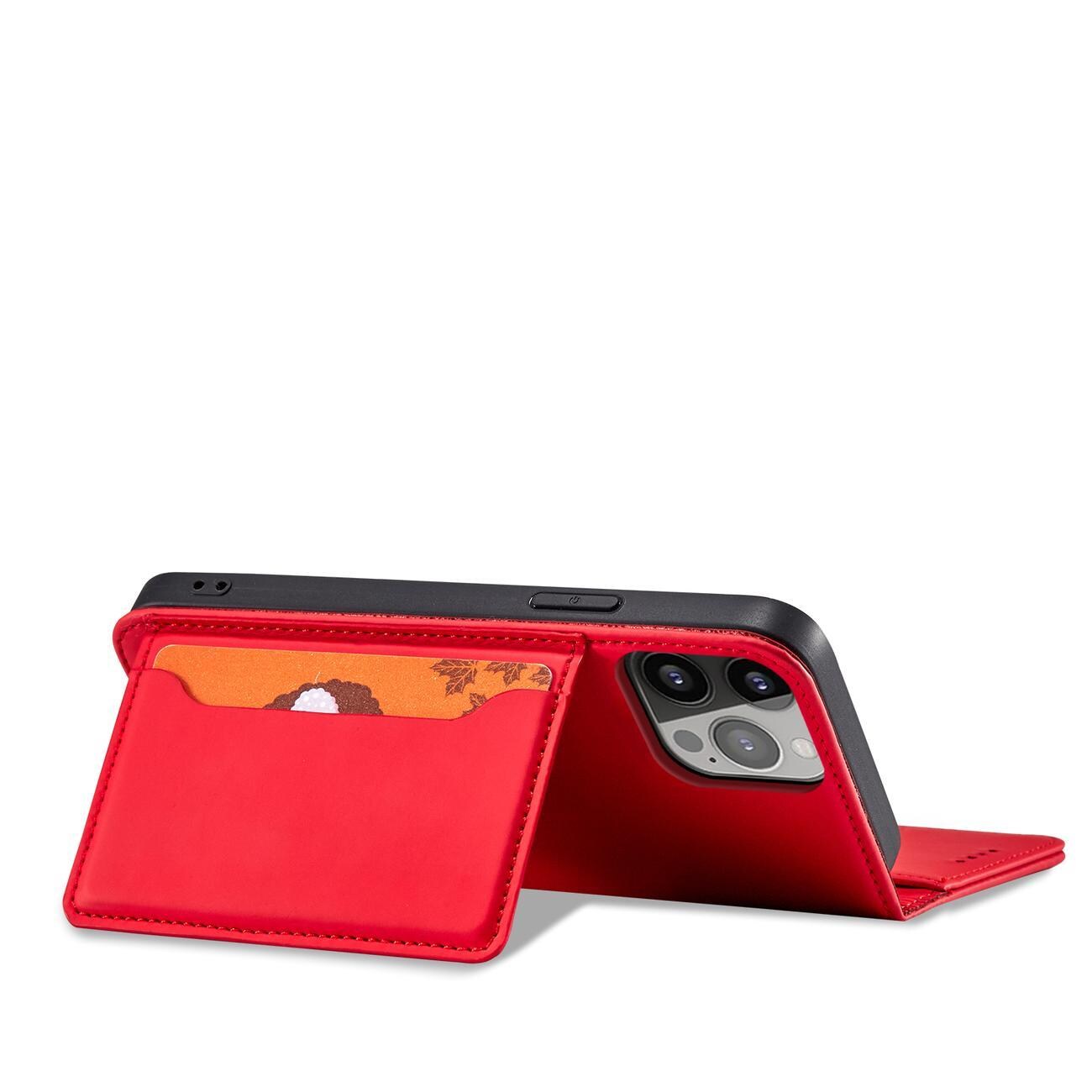 Magnet Kortfodral för iPhone 13 Pro Max Pouch Kort Plånbok Korthållare Röd