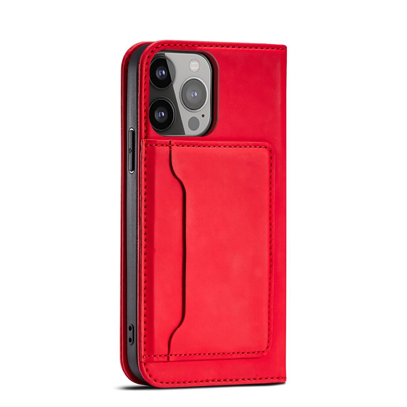 Magnet Kortfodral för iPhone 13 Pro Max Pouch Kort Plånbok Korthållare Röd