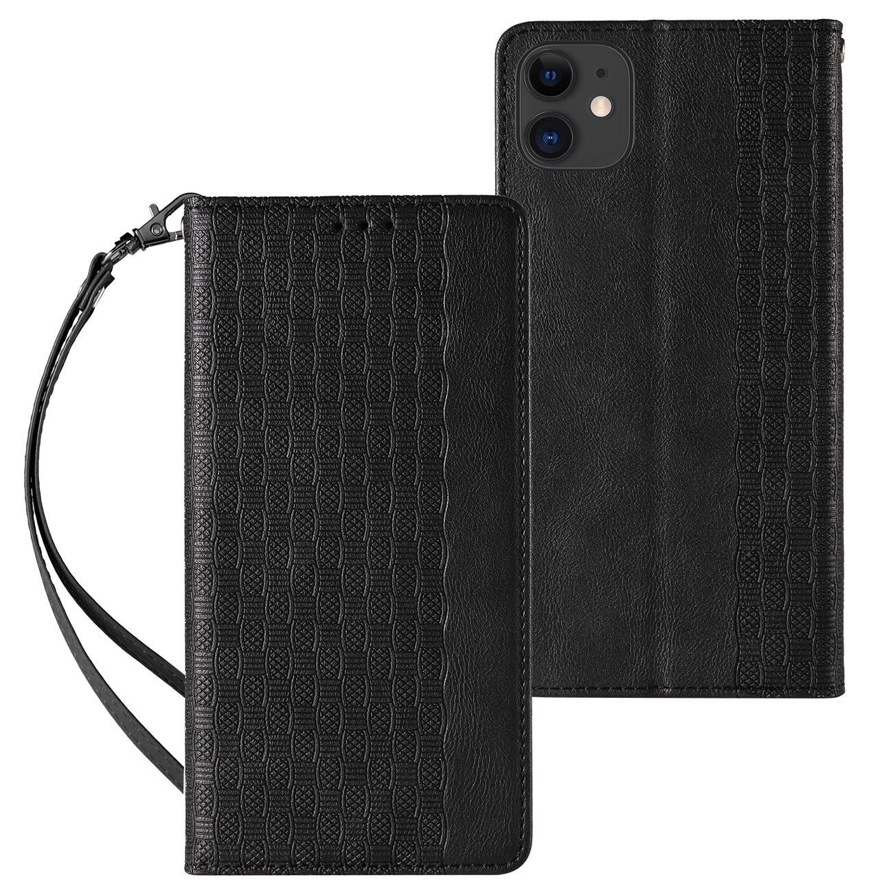 Magnet Remfodral för iPhone 12 Pouch Plånbok + Mini nyckelband Hänge Svart