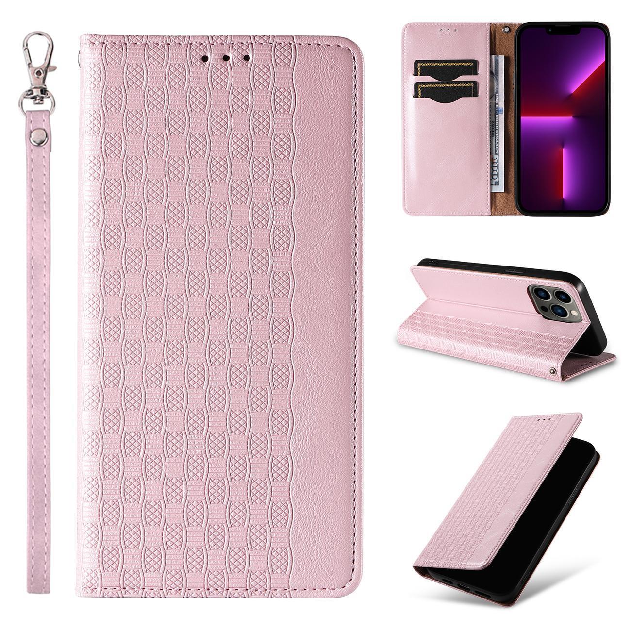 Magnet Rem Fodral Fodral för iPhone 14 Plus Flip Plånbok Mini Lanyard Stativ Rosa