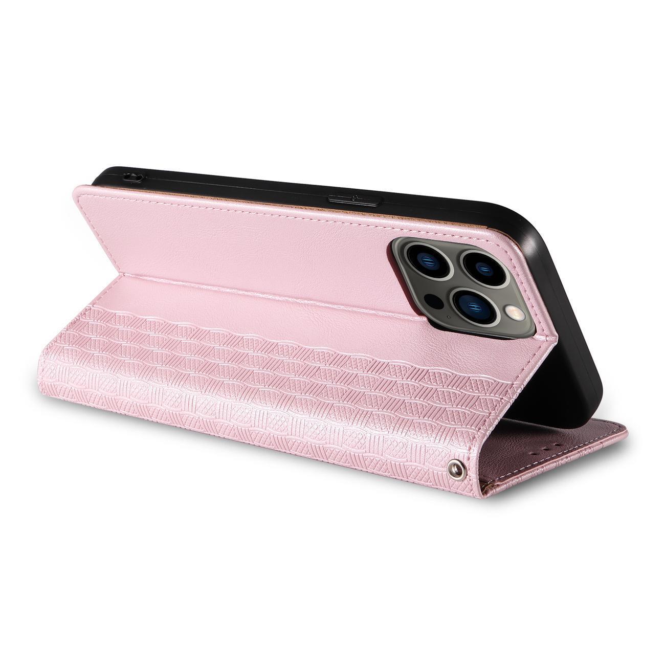Magnet Rem Fodral Fodral för iPhone 14 Pro Flip Plånbok Mini Lanyard Stativ Rosa
