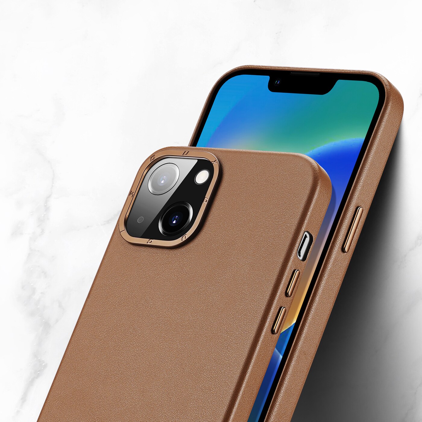 Dux Ducis Grit läderfodral för iPhone 14 Plus Elegant konstläderfodral (MagSafe-kompatibel) Brun