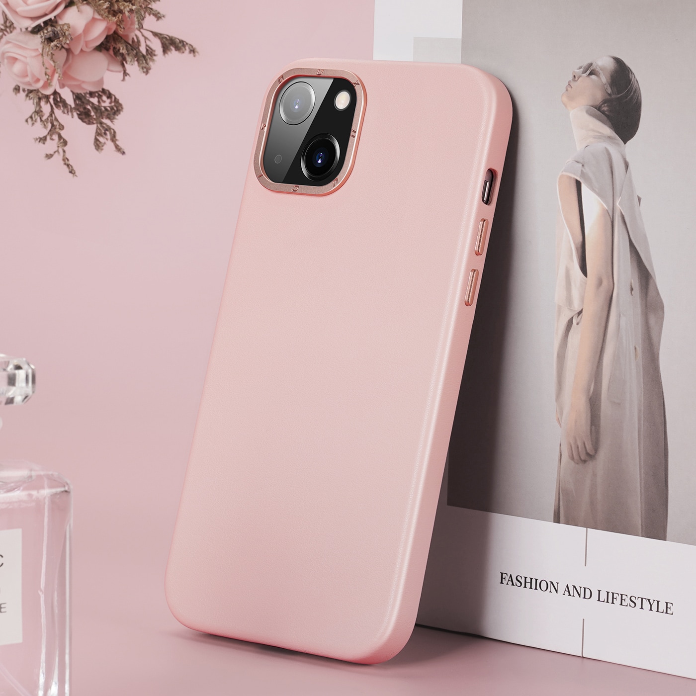 Dux Ducis Grit läderfodral för iPhone 14 Plus Elegant konstläderfodral (MagSafe-kompatibel) Rosa