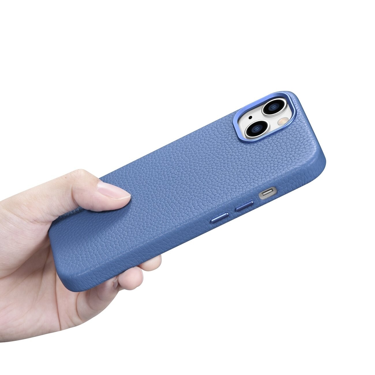 iCarer Litchi Premium läderfodral iPhone 14 Plus Magnetiskt MagSafe Ljusblå (WMI14220711-LB)