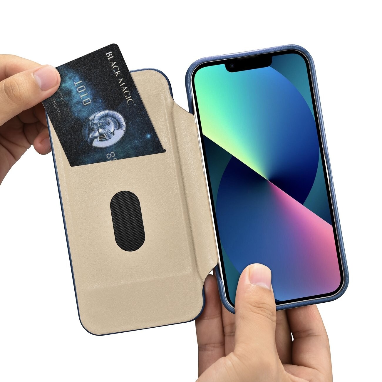 iCarer CE Öl Wax Premium läderfodral iPhone 14 Plus magnetiskt flipfodral MagSafe blå