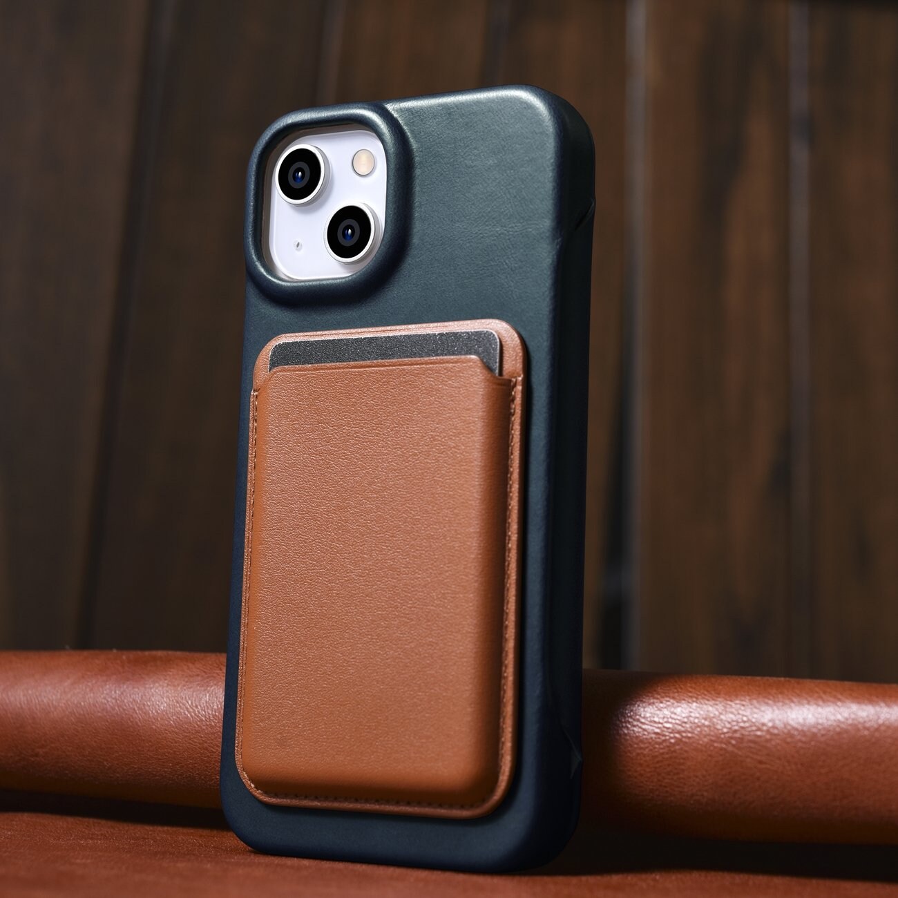 iCarer CE Öl Wax Premium läderfodral iPhone 14 Plus magnetiskt flipfodral MagSafe blå