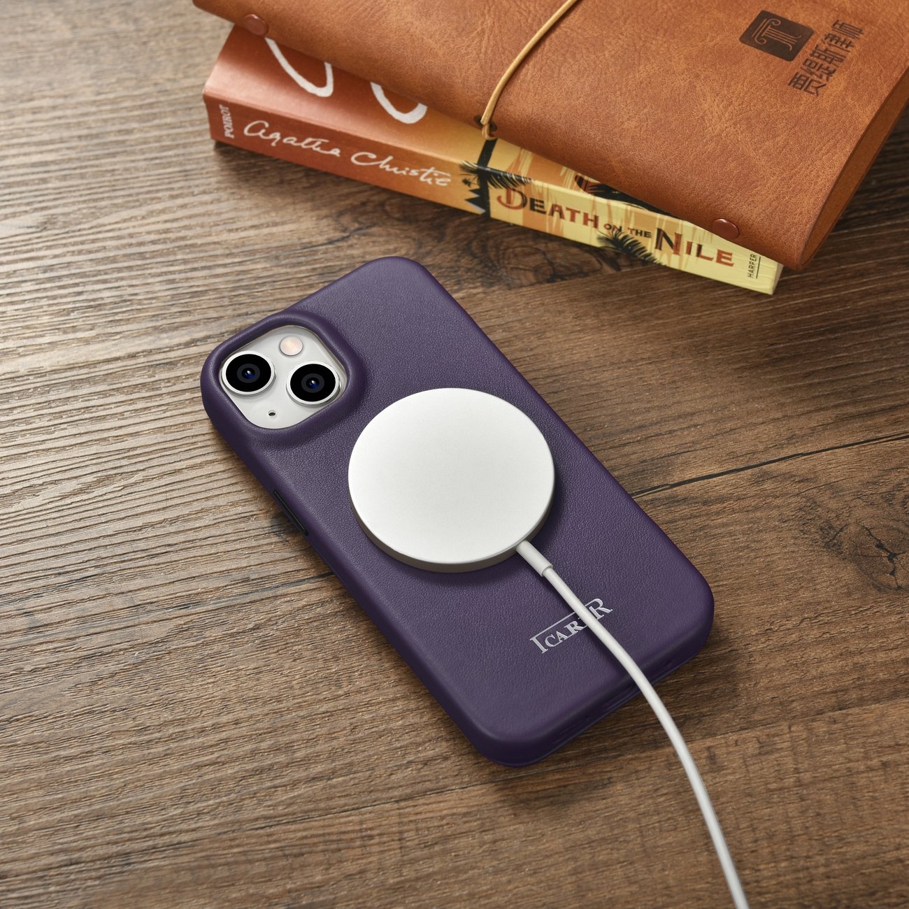 iCarer CE Premium Leather Folio Case for iPhone 14 Plus, MagSafe, Dark Purple (WMI14220715-DP)
