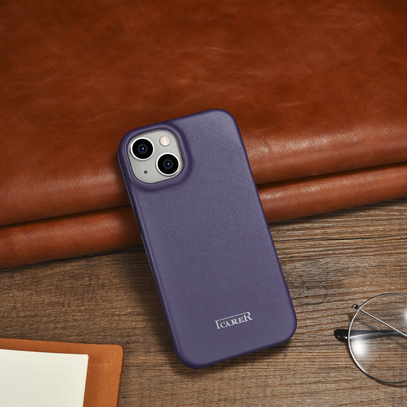iCarer CE Premium Leather Folio Case for iPhone 14 Plus, MagSafe, Dark Purple (WMI14220715-DP)