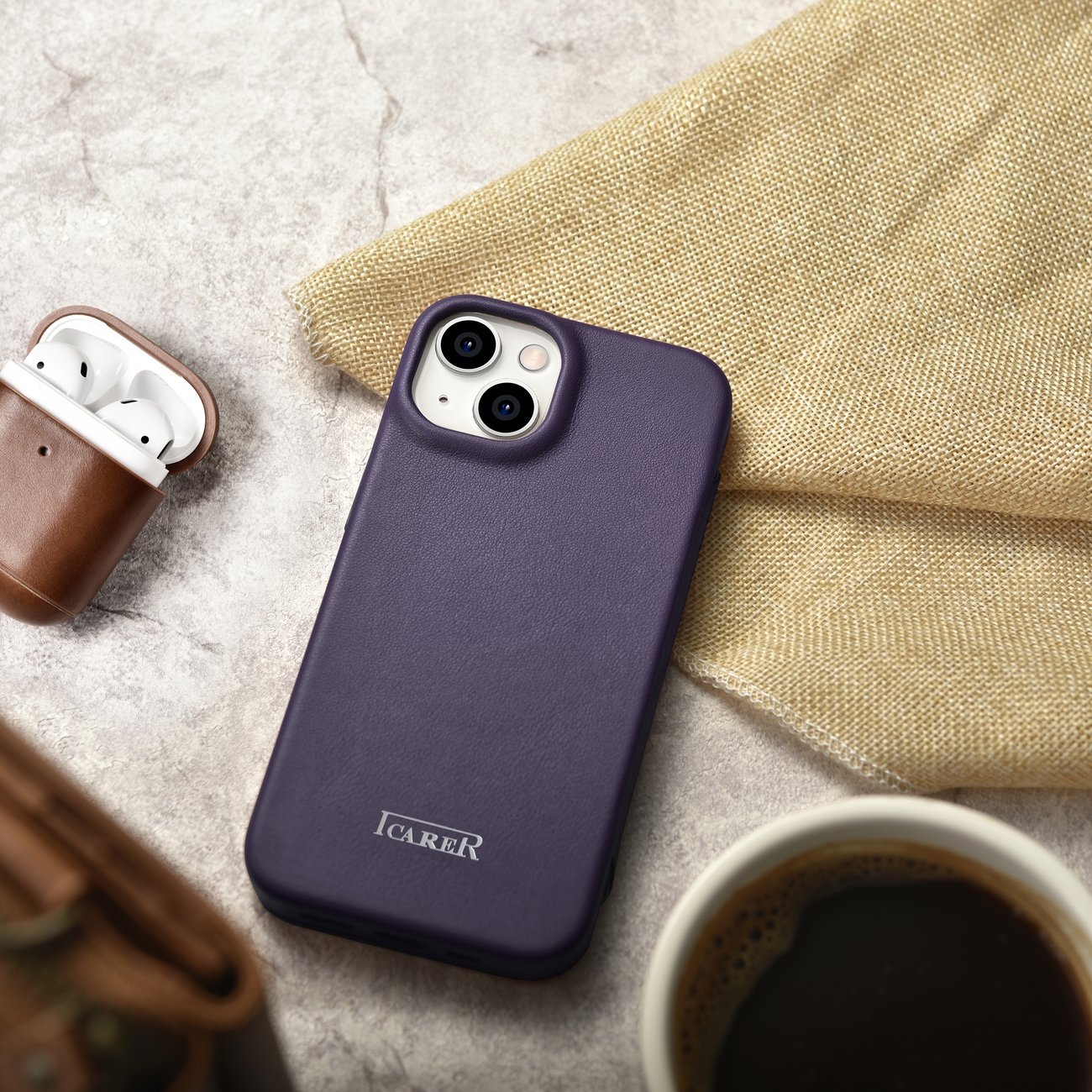 iCarer CE Premium Leather Folio Case for iPhone 14 Plus, MagSafe, Dark Purple (WMI14220715-DP)