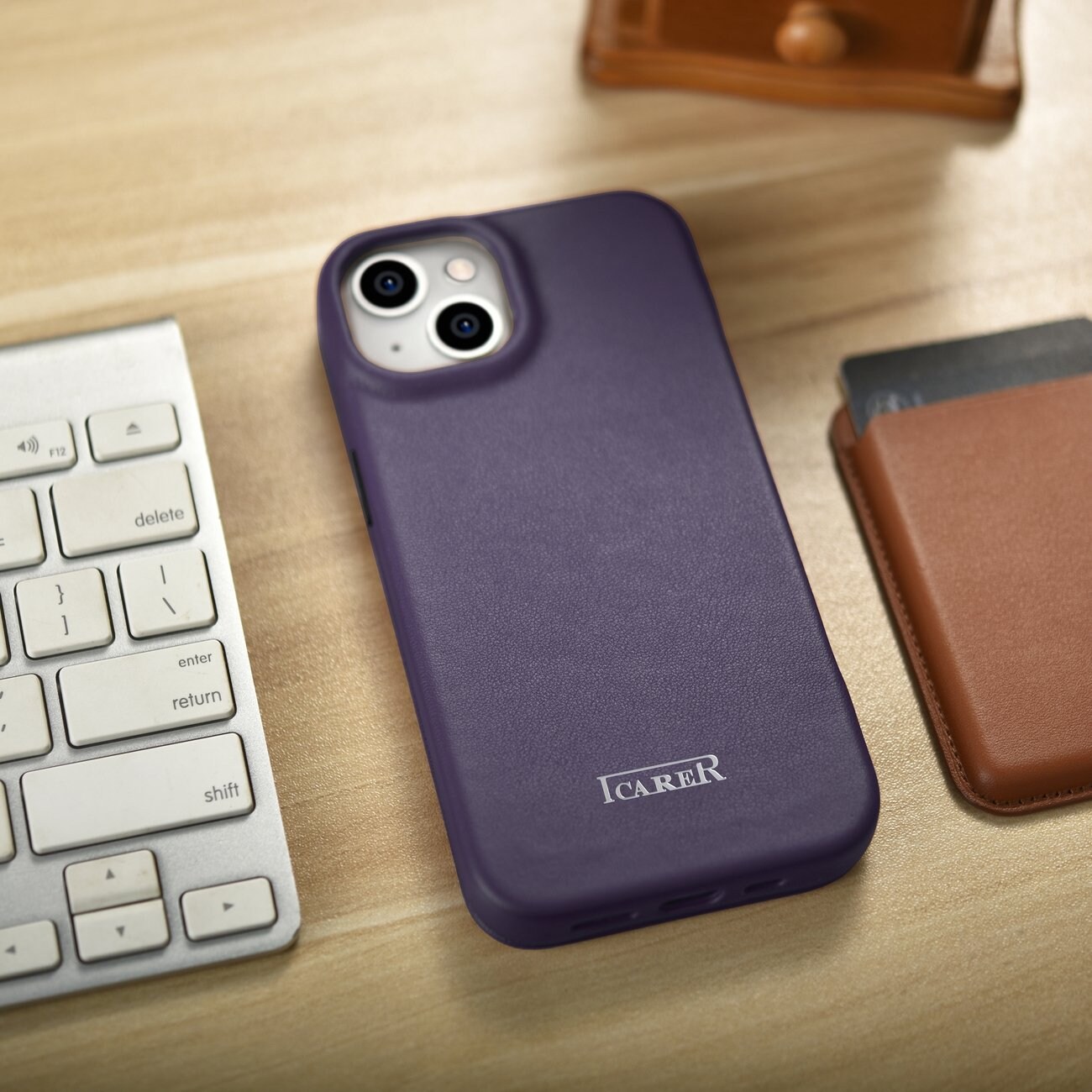 iCarer CE Premium Leather Folio Case for iPhone 14 Plus, MagSafe, Dark Purple (WMI14220715-DP)