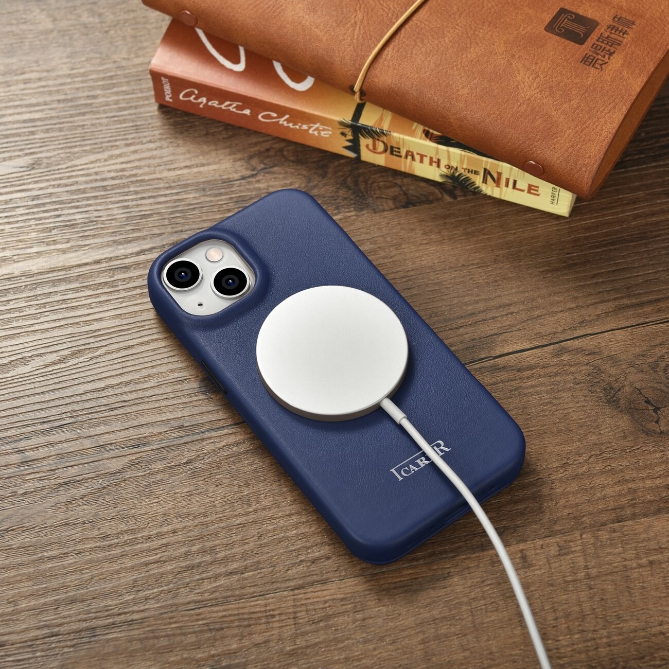 iCarer CE Premium Läder Foliofodral iPhone 14 Plus Magnetiskt Flip MagSafe Blue (WMI14220715-BU)