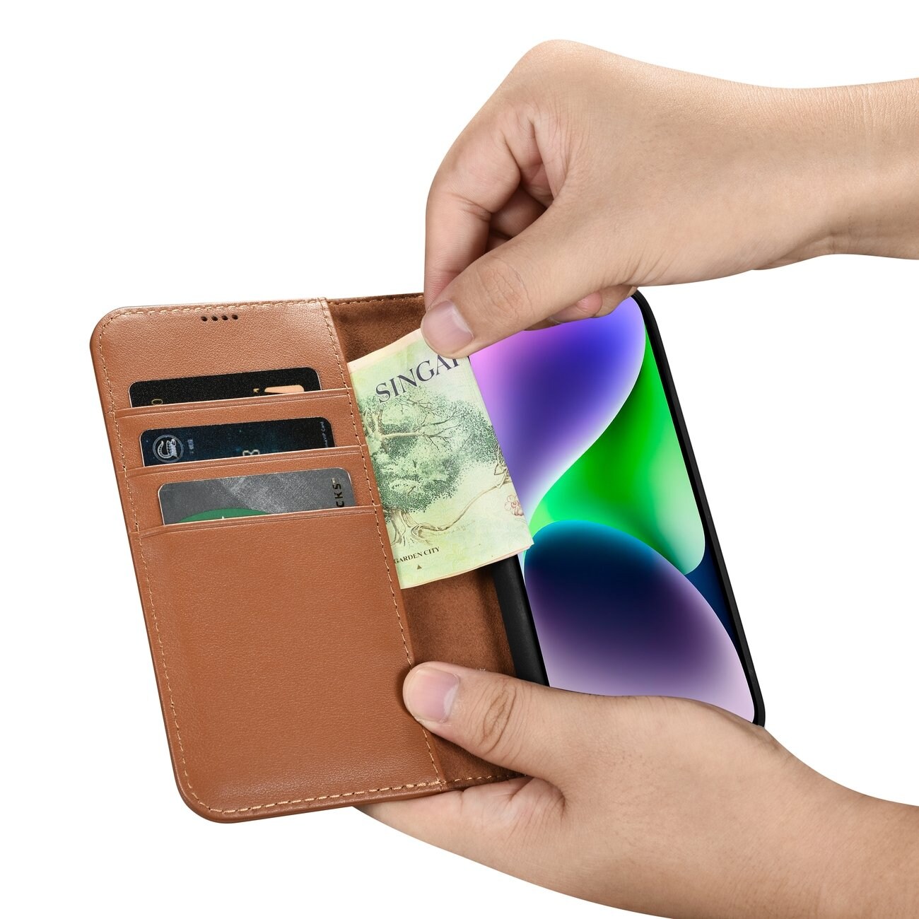 iCarer plånboksfodral 2in1-skydd iPhone 14 Plus Anti-RFID läder flipfodral Brun (WMI14220727-BN)