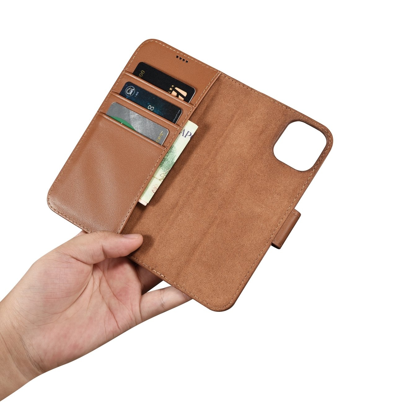 iCarer plånboksfodral 2in1-skydd iPhone 14 Plus Anti-RFID läder flipfodral Brun (WMI14220727-BN)