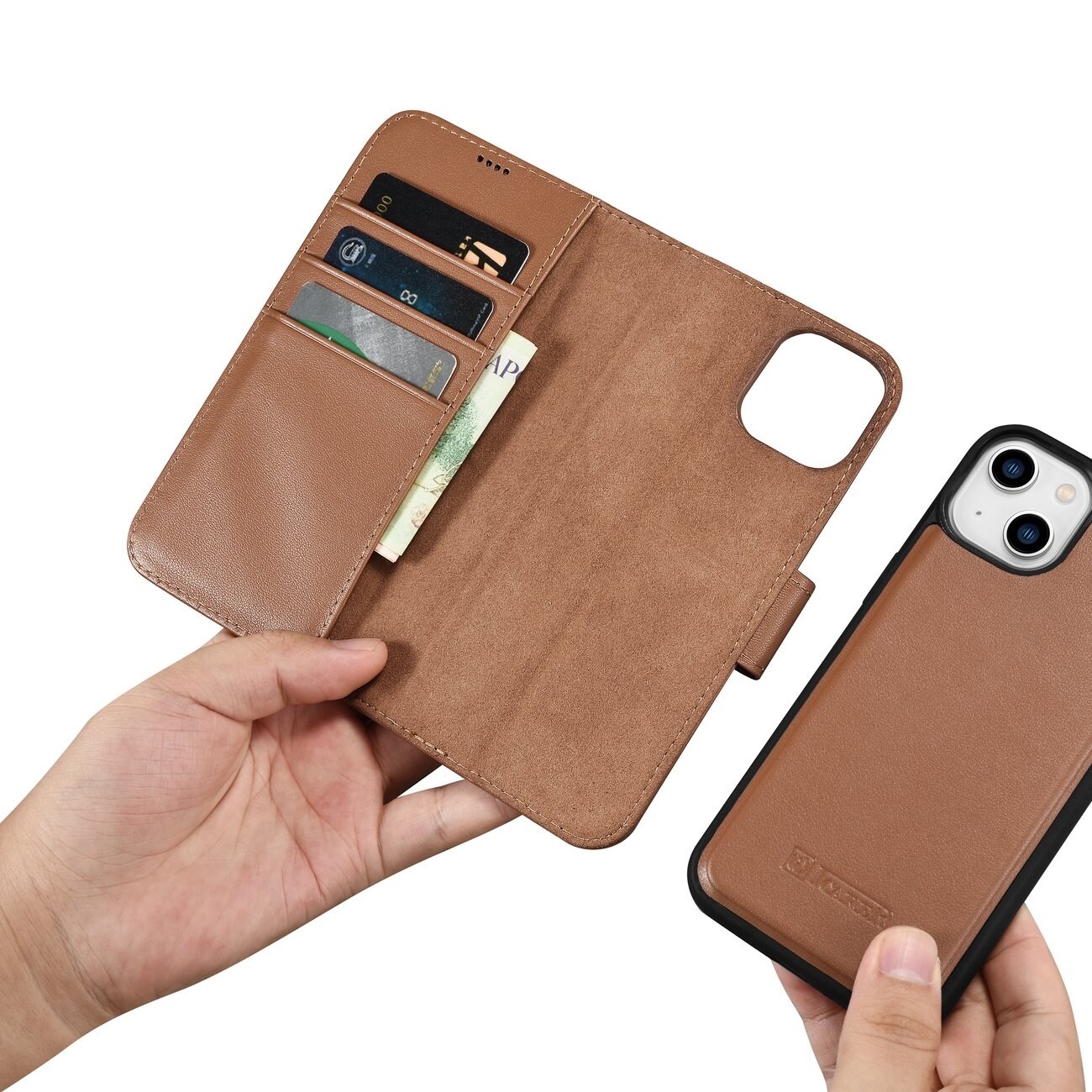 iCarer plånboksfodral 2in1-skydd iPhone 14 Plus Anti-RFID läder flipfodral Brun (WMI14220727-BN)