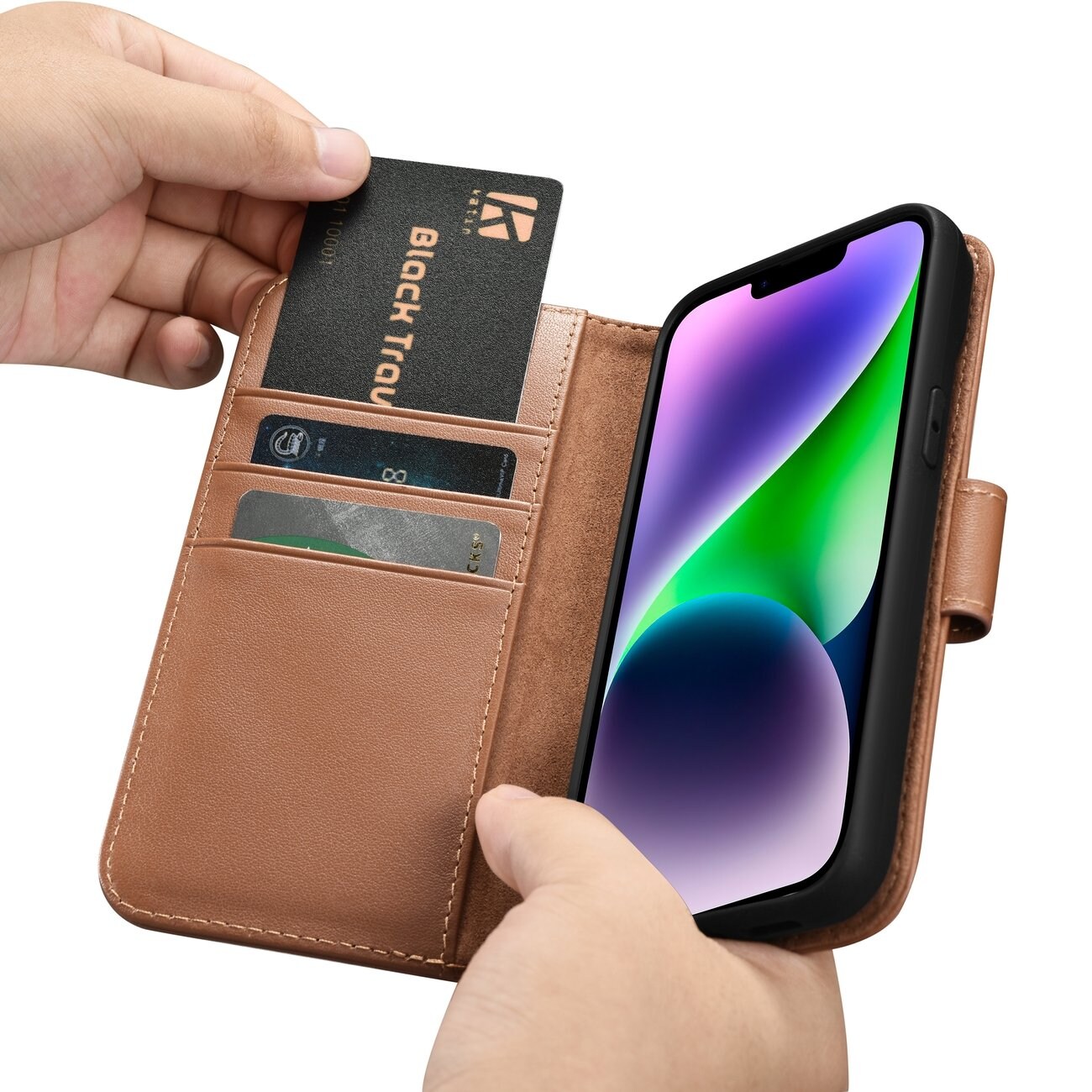 iCarer plånboksfodral 2in1-skydd iPhone 14 Plus Anti-RFID läder flipfodral Brun (WMI14220727-BN)