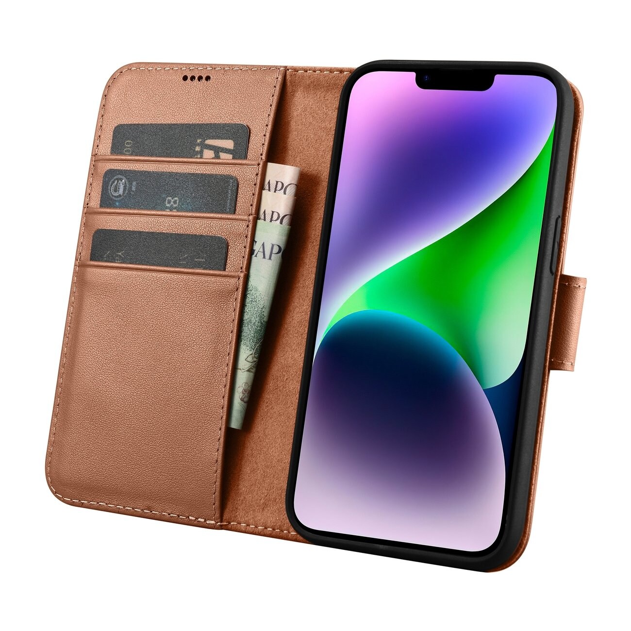 iCarer plånboksfodral 2in1-skydd iPhone 14 Plus Anti-RFID läder flipfodral Brun (WMI14220727-BN)