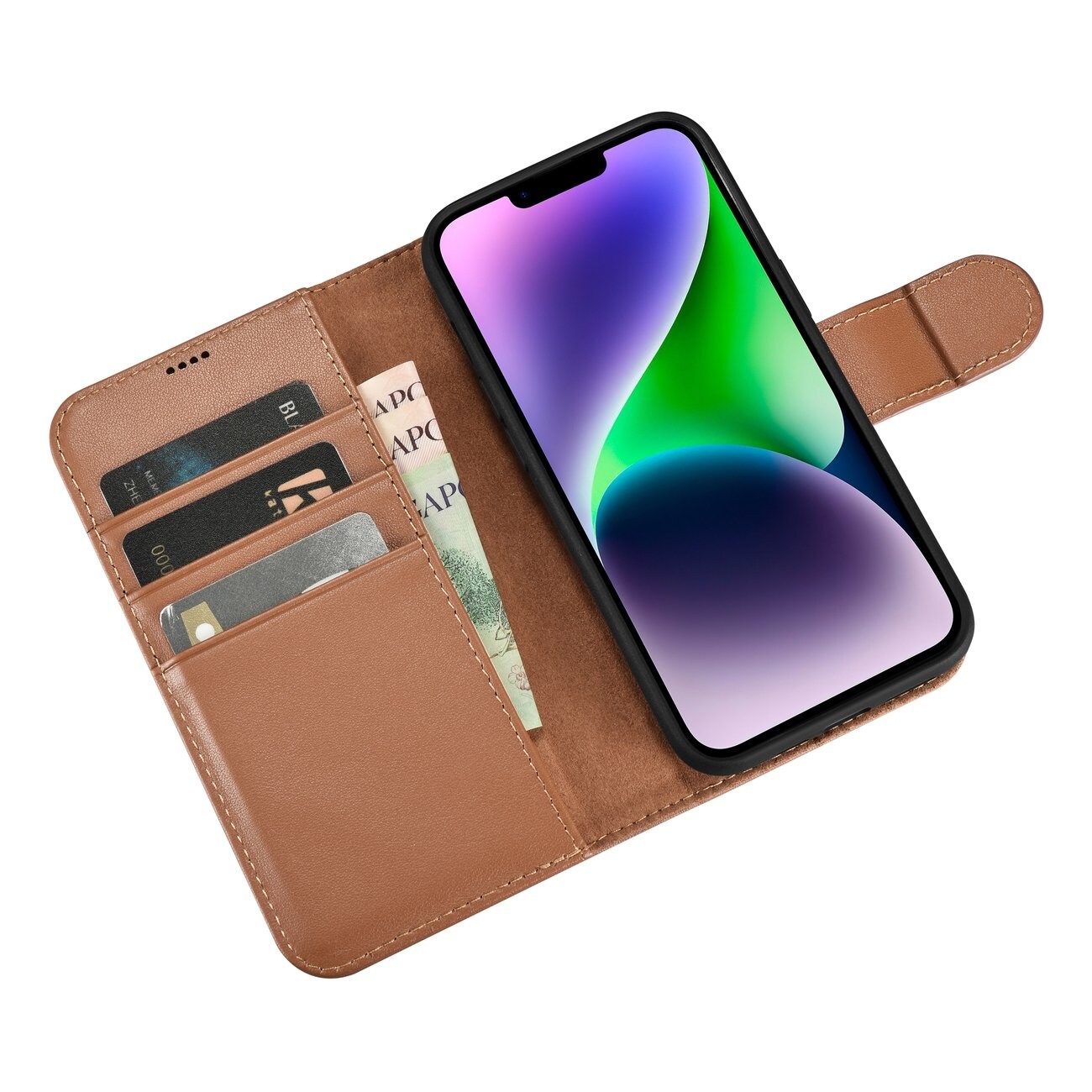 iCarer plånboksfodral 2in1-skydd iPhone 14 Plus Anti-RFID läder flipfodral Brun (WMI14220727-BN)
