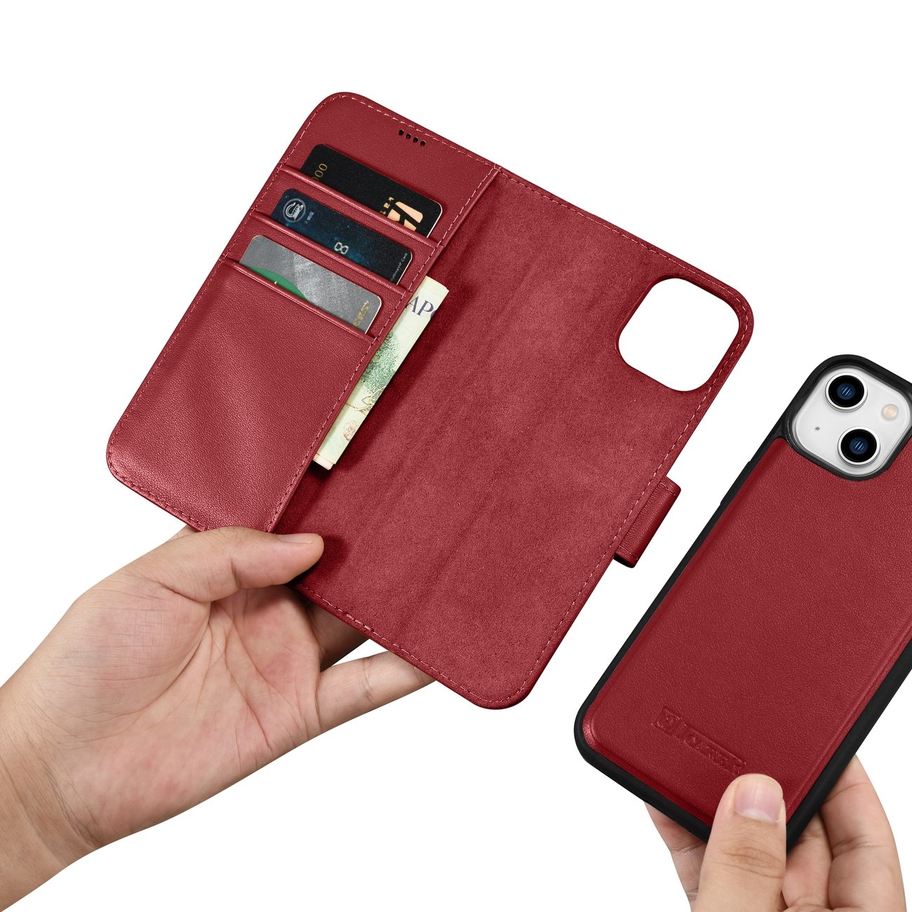 iCarer plånboksfodral 2in1 skydd iPhone 14 Plus Anti-RFID läder flipskydd röd (WMI14220727-RD)