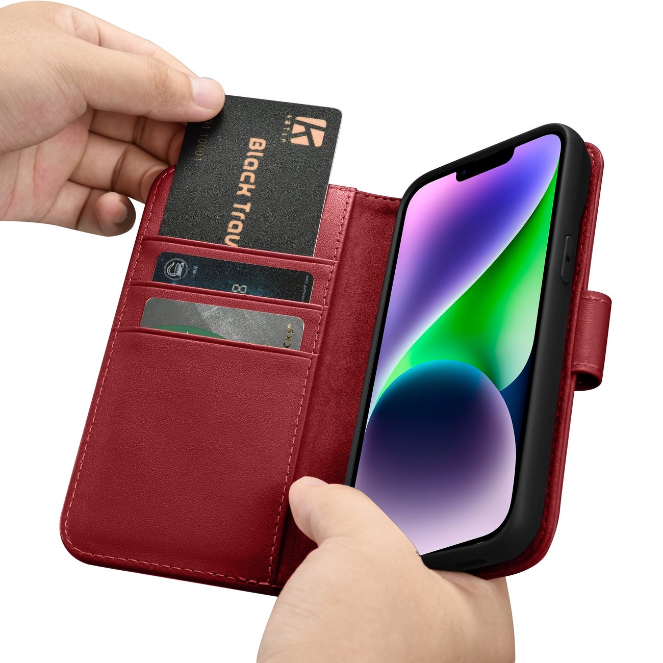 iCarer plånboksfodral 2in1 skydd iPhone 14 Plus Anti-RFID läder flipskydd röd (WMI14220727-RD)